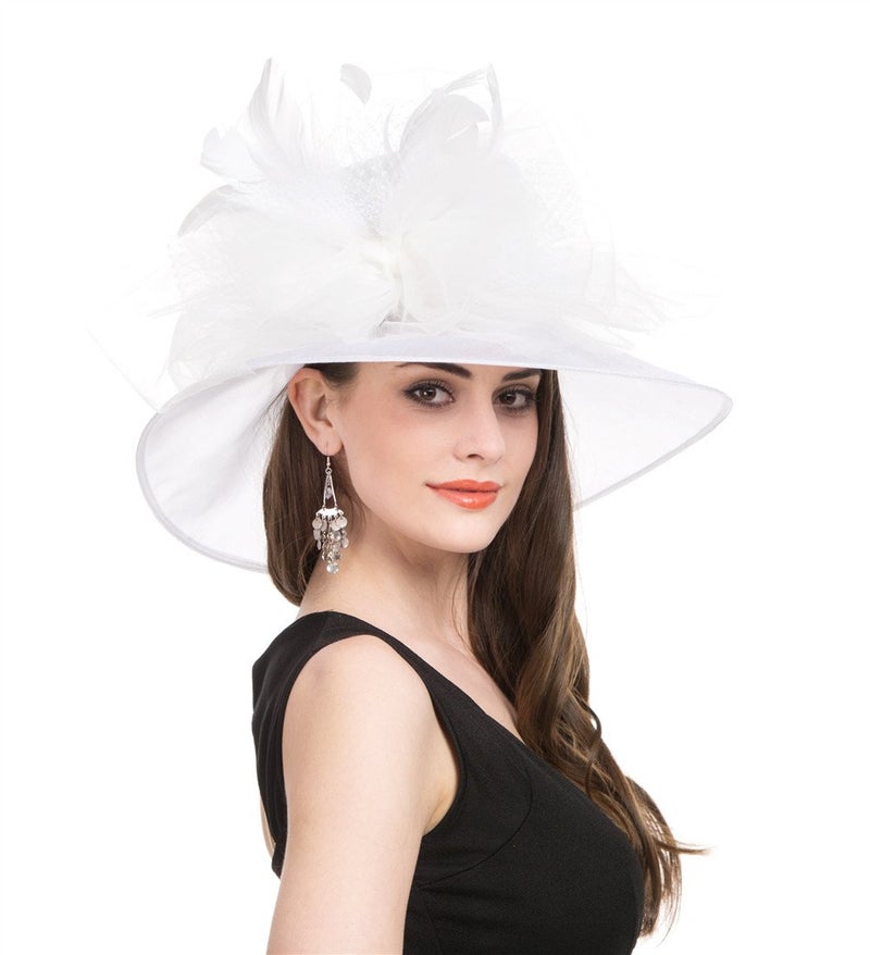 Saferin Women 's Wide Brim Tea Party Organza Church Kentucky Dress Tea Party Derby Hat White Feather Mesh Flower Free size - Image 1